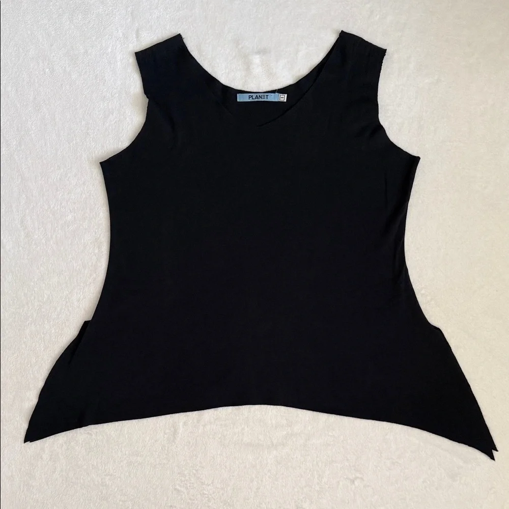 Planet by Lauren G | Sleeveless Pima Cotton Side Slit Raw Hem Top Black (1/4-8) - Picture 1 of 15